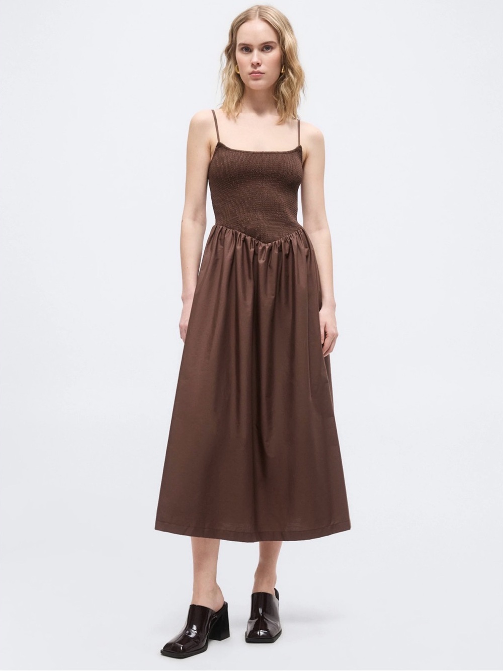 A&F Sydney Smocked Dipped-Waist Midi Dress